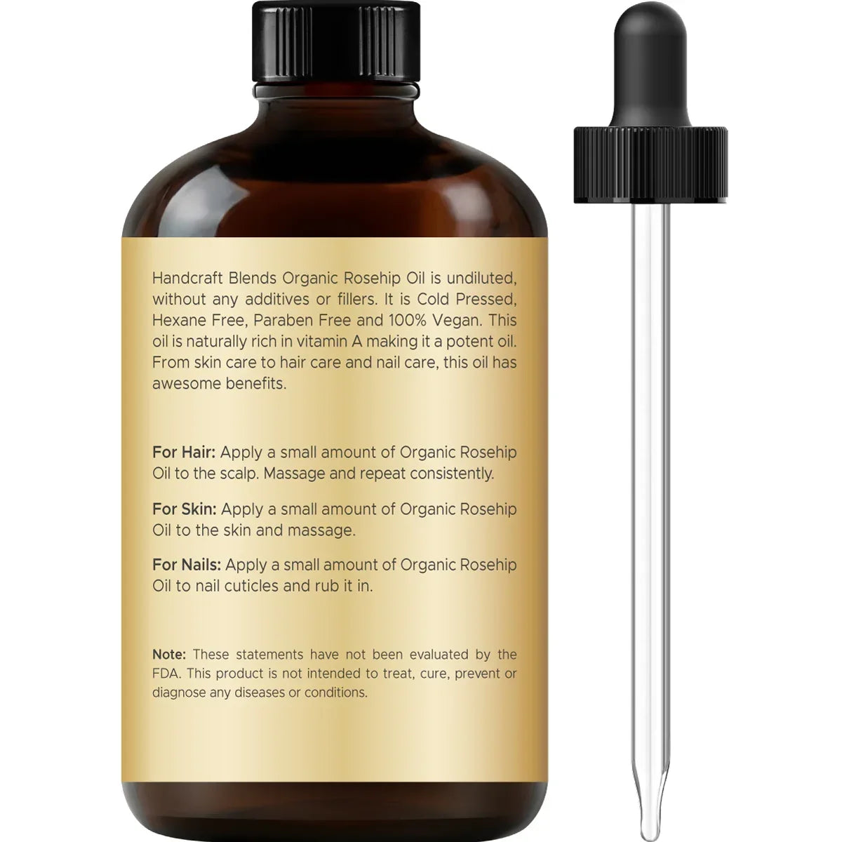Organic rosehip oil glass bottle with dropper, usage directions label for hair, skin, nails