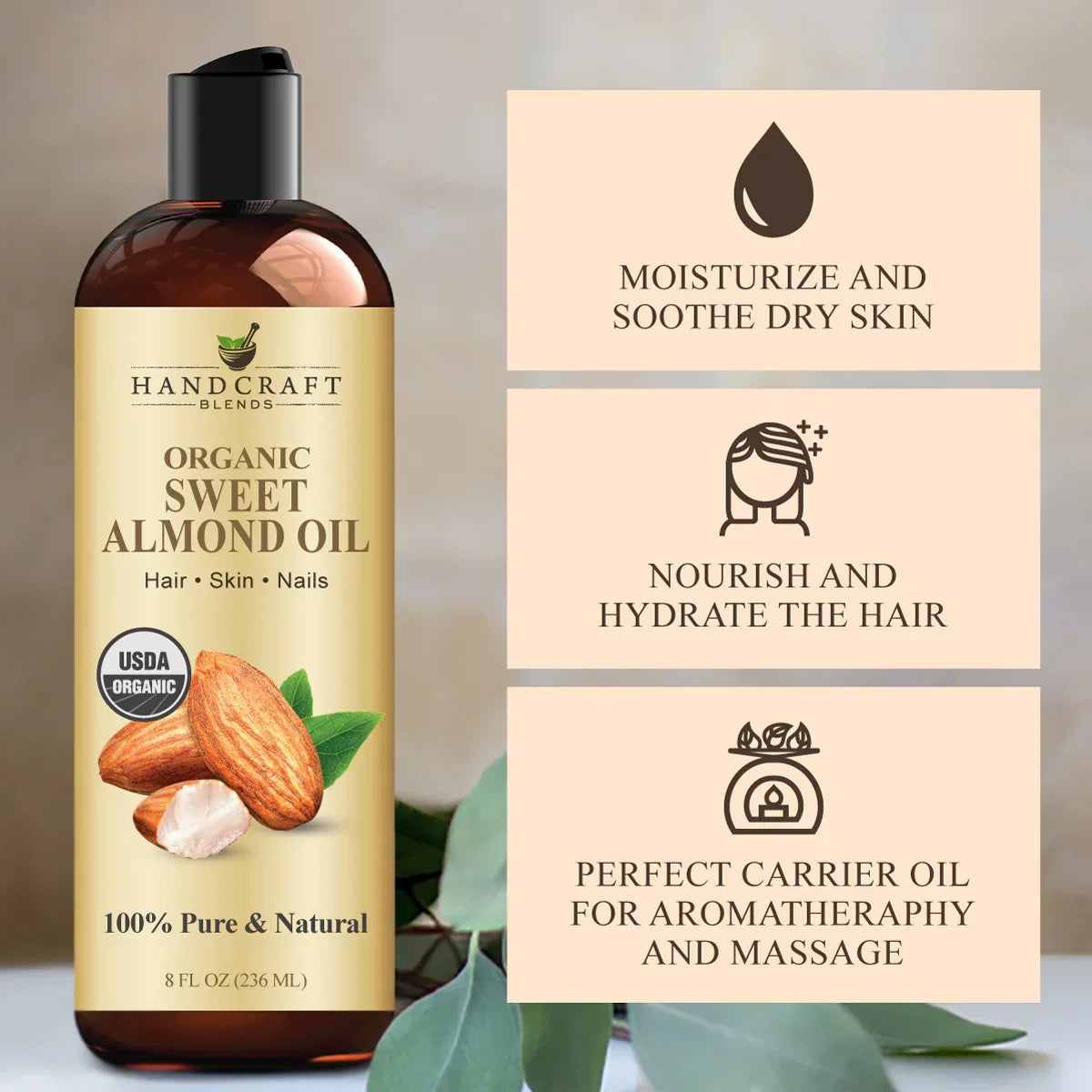 Bottle of organic sweet almond oil for hair, skin, and nails with benefits listed beside it.